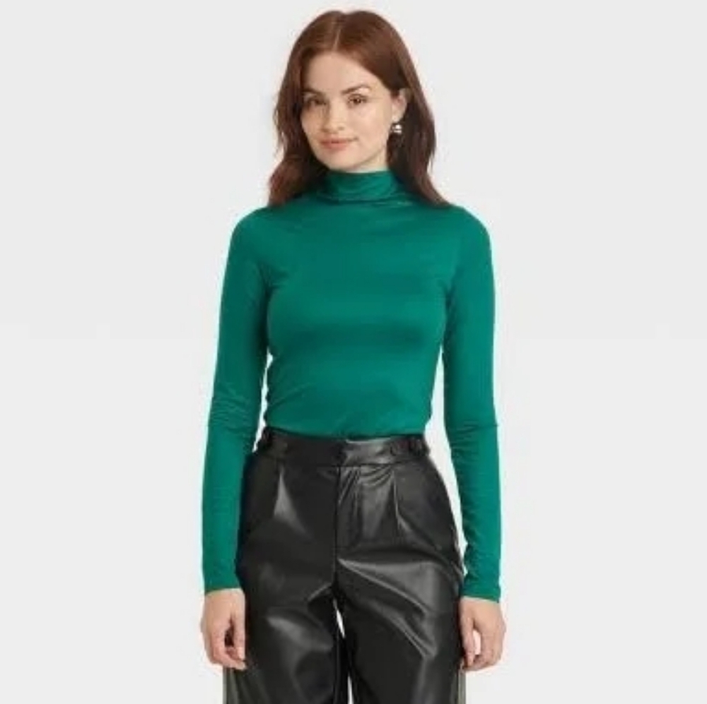 A New Day Women's Ruched Mock Turtleneck Long Sleeve T-Shirt Green